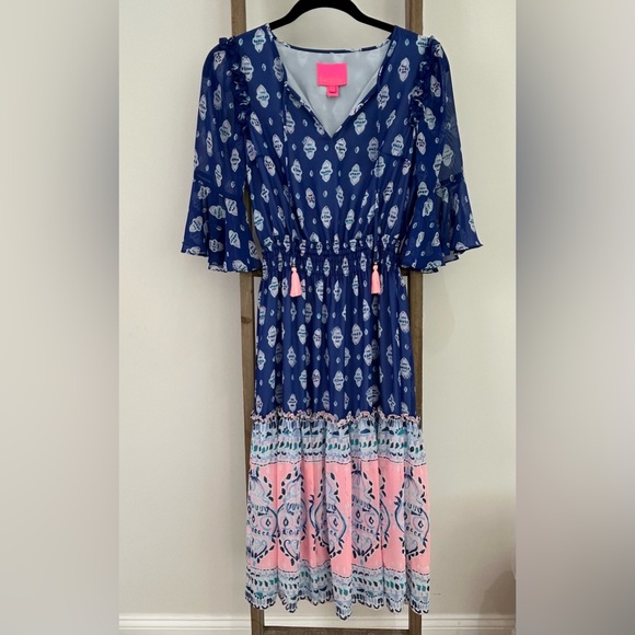 Lilly Pulitzer Dresses & Skirts - Lily Pulitzer Chiffon Lesleh Midi Dress Size 00 Fit and Flare Elbow Sleeves